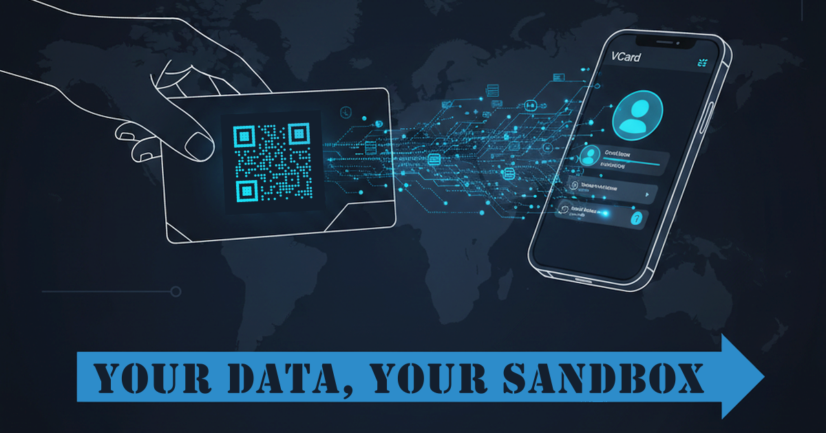 BeloMarketing vCard QR Code - Your Data, Your Sandbox Illustration of a hand holding a business card with a QR code transferring contact data directly to a smartphone vCard app, representing data sovereignty, with the text: Your Data, Your Sandbox.